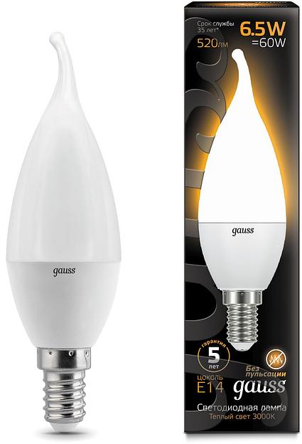 Лампа светодиодная Gauss 6.5Вт цок.:E14 свеча 220B 3000K св.свеч.бел.теп. (упак.:10шт) (104101107) фото 1