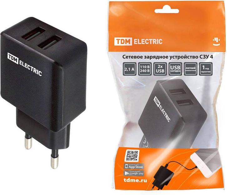 Сетевое зарядное устройство СЗУ 4, 2,1А, 2 USB, черный, TDM фото 1