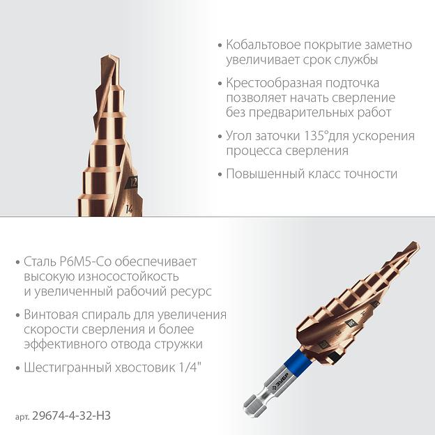 ЗУБР КОБАЛЬТ 3 шт, 4-32мм, винтовая проточка, набор ступенчатых сверл, ПРОФЕССИОНАЛ (29674-4-32-H3) фото 4