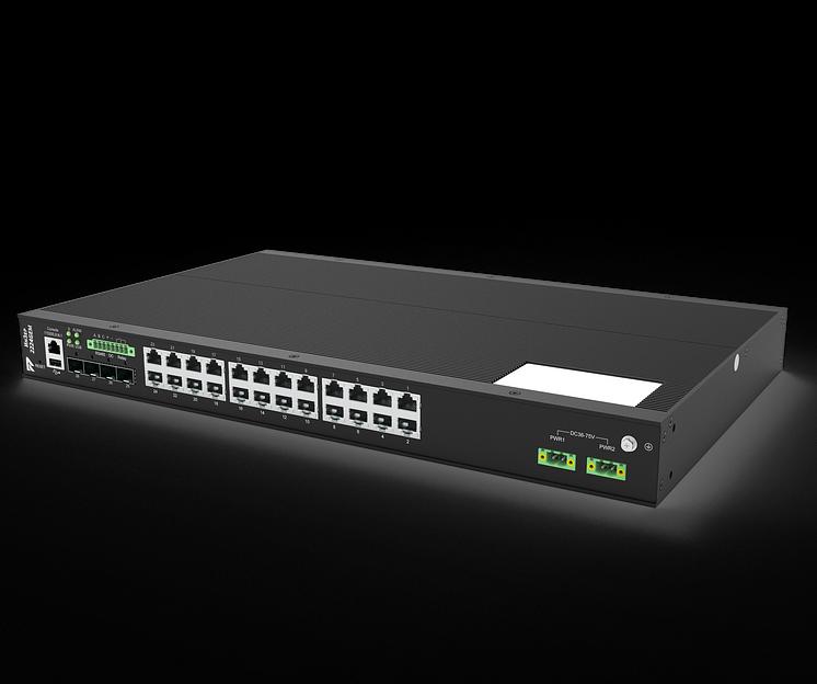 Управляемый коммутатор L2+ в стойку 19" c 4 слотами 1/10GBase-X SFP+, 24 портами 10/100/1000Base-T(X) (разъем RJ45), один вход питания 100-240В перем., два входа питания 36-75 В пост., рабочий диапазон температур -40..+70°С фото 1