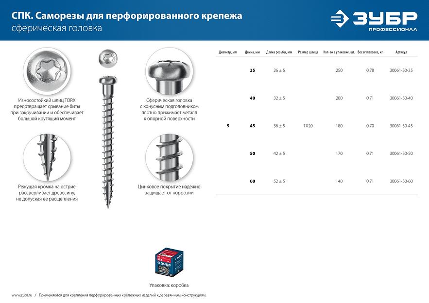 ЗУБР СПК, 50 х 5 мм, TX20, цинк 170 шт (0,68 кг.), саморез для перфорированного крепежа, Профессионал (30061-50-50) фото 7