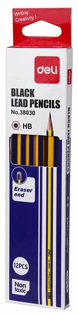 Карандаш чернографит. Deli E38030 HB шестигран. липа ластик (12шт) фото 1