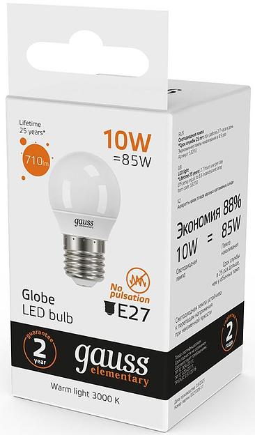 Лампа светодиодная Gauss Elementary 10Вт цок.:E27 шар 220B 3000K св.свеч.бел.теп. (упак.:10шт) (53210) фото 6
