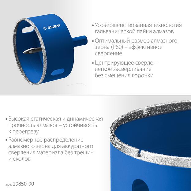ЗУБР АГК, d 90 мм, (центр. сверло, трехгр. хвост, Р60), алмазная коронка, Профессионал (29850-90) фото 6