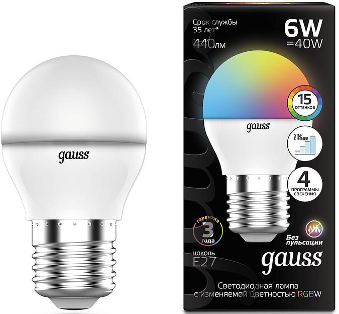 Лампа светодиодная Gauss 105102406 6Вт цок.:G45 шар 175B св.свеч.RGB (упак.:1шт) фото 1