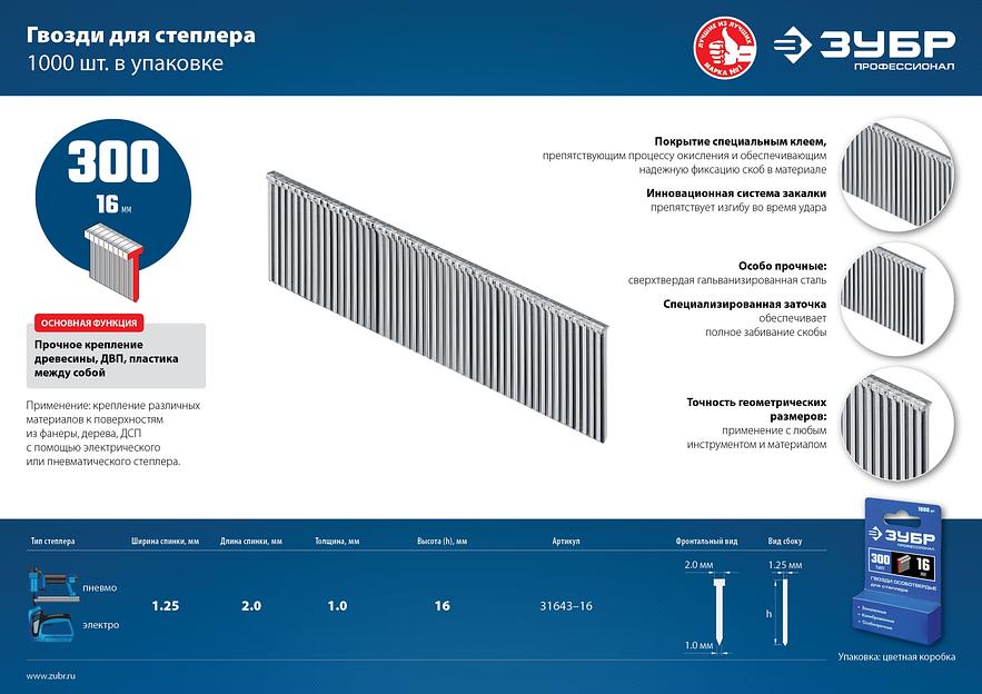 ЗУБР гвозди тип 300 (47/J/F), 16 мм, калибр 18GA. 1000 шт. Профессионал (31643-16) фото 6