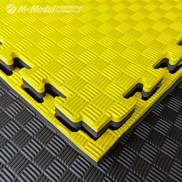 Мягкий модульный пол (будо-мат) двухсторонний 100x100 см, толщина 2,5 см, Цвет Желто-черный, Толщина модуля 25 мм. фото 1