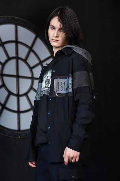 Чёрная джинсовая куртка-рубашка унисекс со вставками и съёмным капюшоном ОПТ фото 1