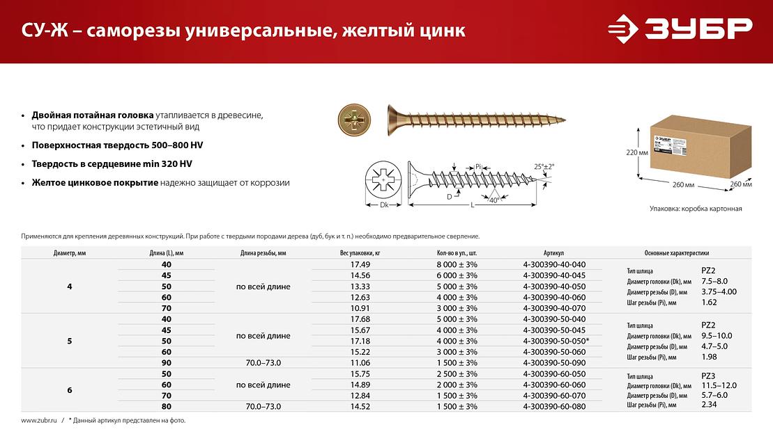 ЗУБР СУ-Ж 80 х 6.0 мм, желтый цинк, универсальный саморез, 14.52 кг (1500 шт.) (4-300390-60-080) фото 8