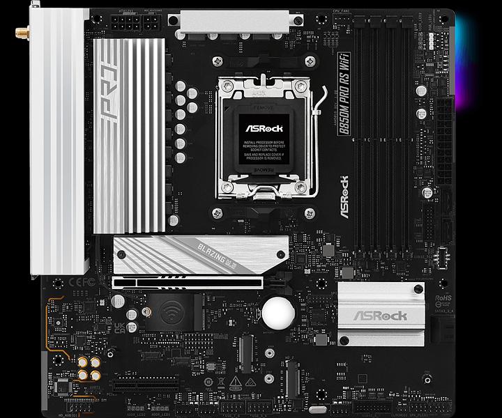 Материнская плата ASROCK B850M PRO RS WIFI, AM5, B850, 4*DDR5, 4*SATA, 3*M.2, 4*USB 2.0, 3*USB 3.2, Type-C, 2*PCIx16, 1*M.2 (Key E), HDMI+DP, mATX фото 1