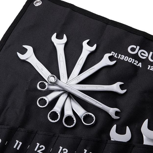 Ключи Deli Набор комбинированных гаечных ключей 12 шт Deli DL130012A размеры 6,8,10,11,12,13,14,15,17,19,22,24мм, матовая хромированная поверхность, чехол из ткани Оксфорд фото 5
