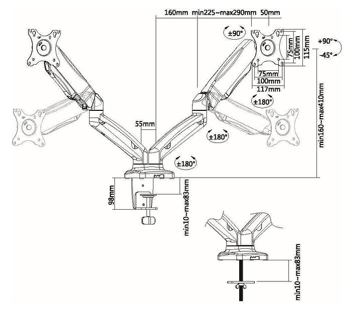 Кронштейн для мониторов Ultramounts UM 705 черный 13"-27" макс.13кг настольный поворот и наклон верт.перемещ. фото 3
