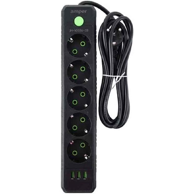 Amper сетевой удлинитель, 2,0м, 5 розеток, 10А, 2500 Вт, 3usb, черный. фото 1