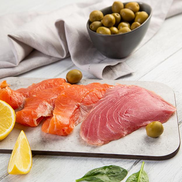 Нарезка-слайсы: «Филе тунца и форели, подкопченные», замороженные, в\у, 150гр. фото 4