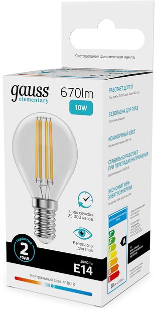 Лампа филам. Gauss Filament 10Вт цок.:E14 шар св.свеч.бел.нейт. (упак.:10шт) (52120) фото 4