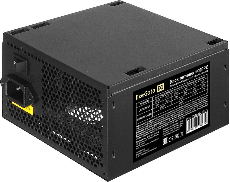 Блок питания 500W ExeGate 500PPE (ATX, APFC, PC, 80 PLUS, 12cm fan, 24pin, 2x(4+4)pin, 2xPCI-E, 5xSATA, 3xIDE, black, кабель) (EX260641RUS-PC) фото 1
