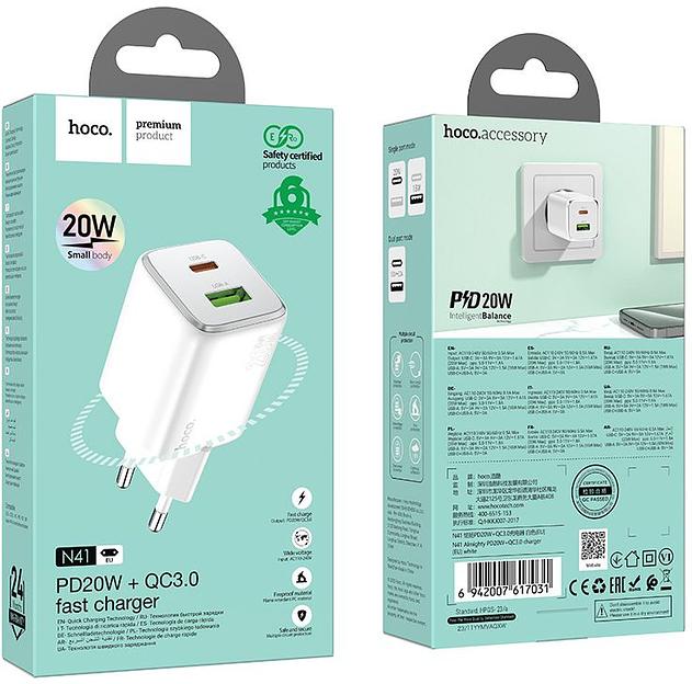 Сетевое зар./устр. Hoco N41 Almighty White 20W 3A (PD+QC+AFC) универсальное белый фото 4