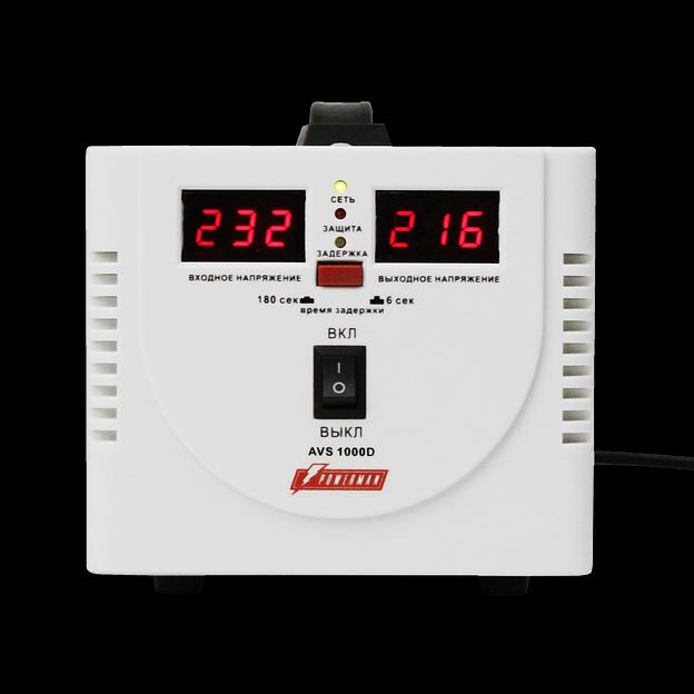 Стабилизатор POWERMAN AVS 1000D, ступенчатый регулятор, цифровые индикаторы уровней напряжения, 1000ВА, 140-260В, максимальный входной ток 7А, 2 евророзетки, IP-20, напольный, 200мм х 150мм х 140мм, 2,3 кг. POWERMAN AVS 1000D фото 2