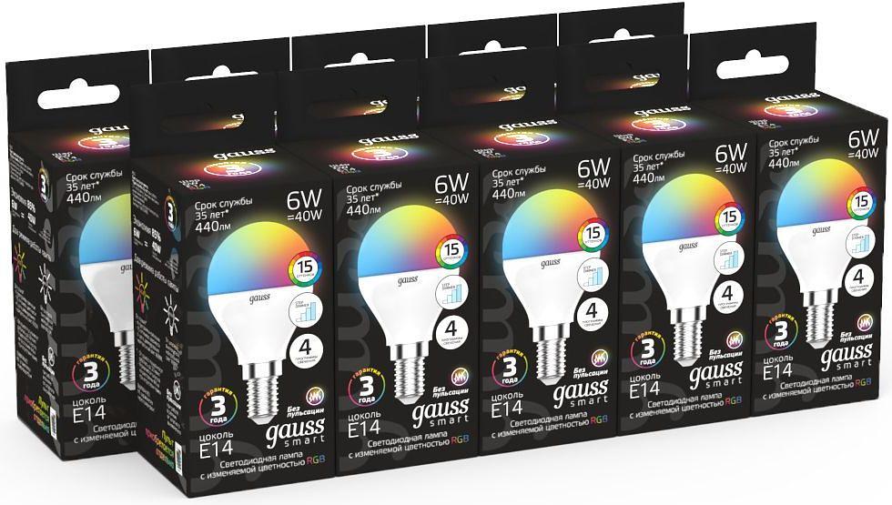 Лампа светодиодная Gauss 105101406 6Вт цок.:E14 шар 220B св.свеч.RGB (упак.:1шт) фото 5