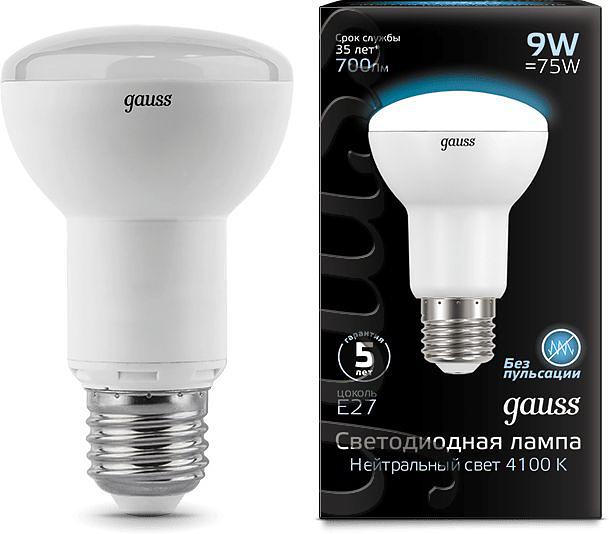 Лампа светодиодная Gauss R63 9Вт цок.:E27 рефлек. 220B 4100K св.свеч.бел.нейт. (упак.:10шт) (106002209) фото 2