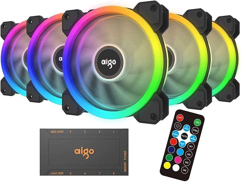 Набор из 5 вентиляторов Aigo DR12 KIT, 120мм, 1200rpm, 6-pin, черный/ARGB, 38CFM, 16дБ, контроллер на магнитах, пульт ду (AG-DR12-5) фото 1