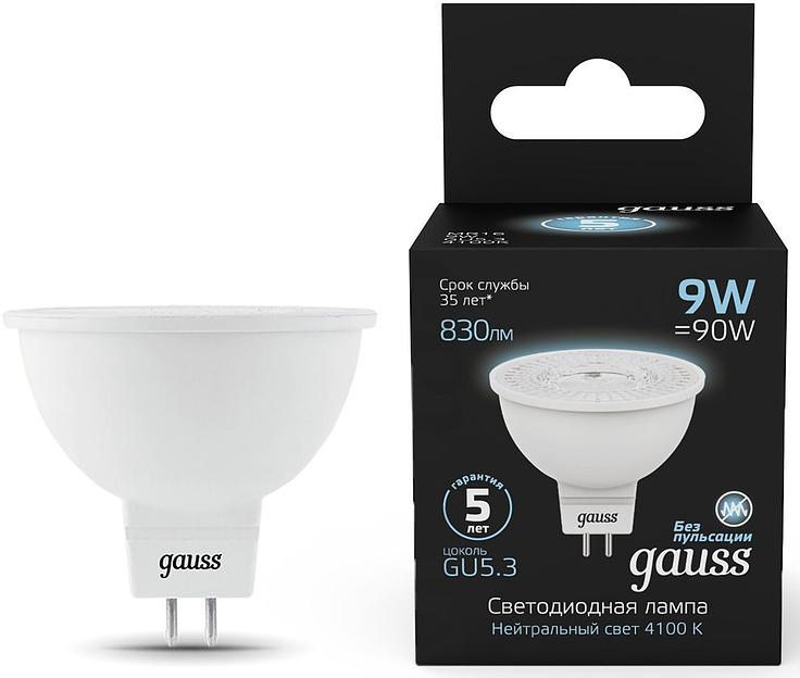 Лампа светодиодная Gauss 101505209 9Вт цок.:GU5.3 рефлек. 150B 4100K св.свеч.бел.нейт. MR16 (упак.:1шт) фото 1
