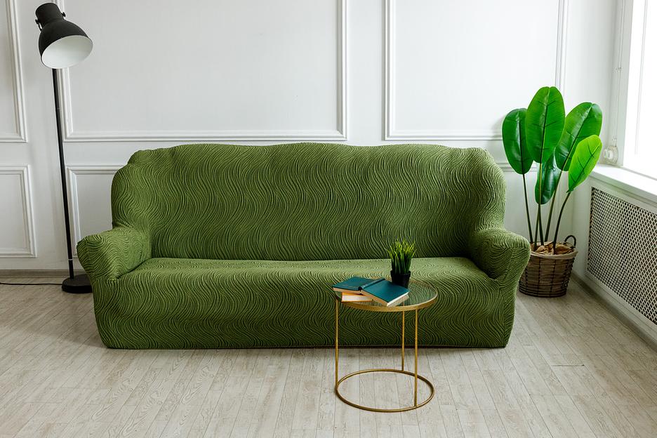 Чехол на трёхместный диван Чехлы&Пледы «Жаккард Волна» малахит ОПТ фото 1