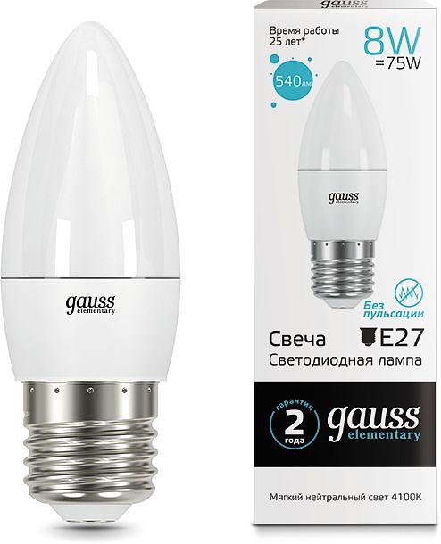 Лампа светодиодная Gauss Elementary 8Вт цок.:E27 свеча 220B 4100K св.свеч.бел.нейт. (упак.:1шт) (33228) фото 1