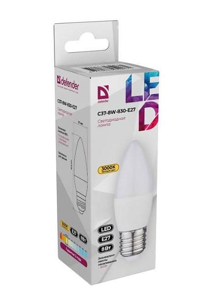 Defender Лампочка светодиодная C37-8W-830-E27 свеча, 3000 К, теплый белый, 1 шт. фото 1