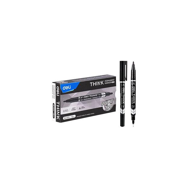 Маркер перманентный Deli EU211-BK, двойной пишущий наконечник, черный фото 1