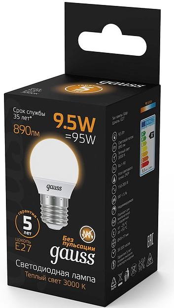 Лампа светодиодная Gauss 9.5Вт цок.:E27 шар 220B 3000K св.свеч.бел.теп. P45 (упак.:1шт) (105102110) фото 4