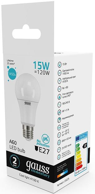 Лампа светодиодная Gauss Elementary 15Вт цок.:E27 груша 220B 4100K св.свеч.бел.ней. A60 (упак.:10шт) (23225) фото 5