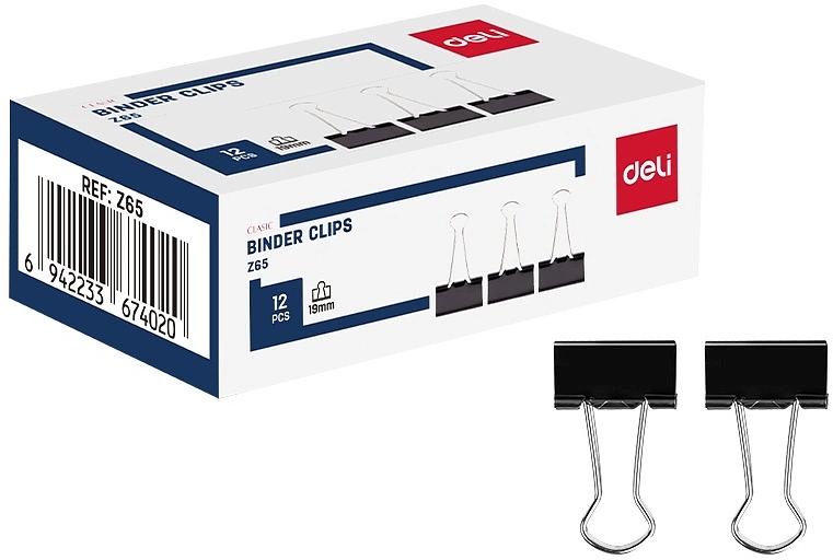 Зажимы Deli EZ65 металл 19мм черный (упак.:12шт) картонная коробка фото 1