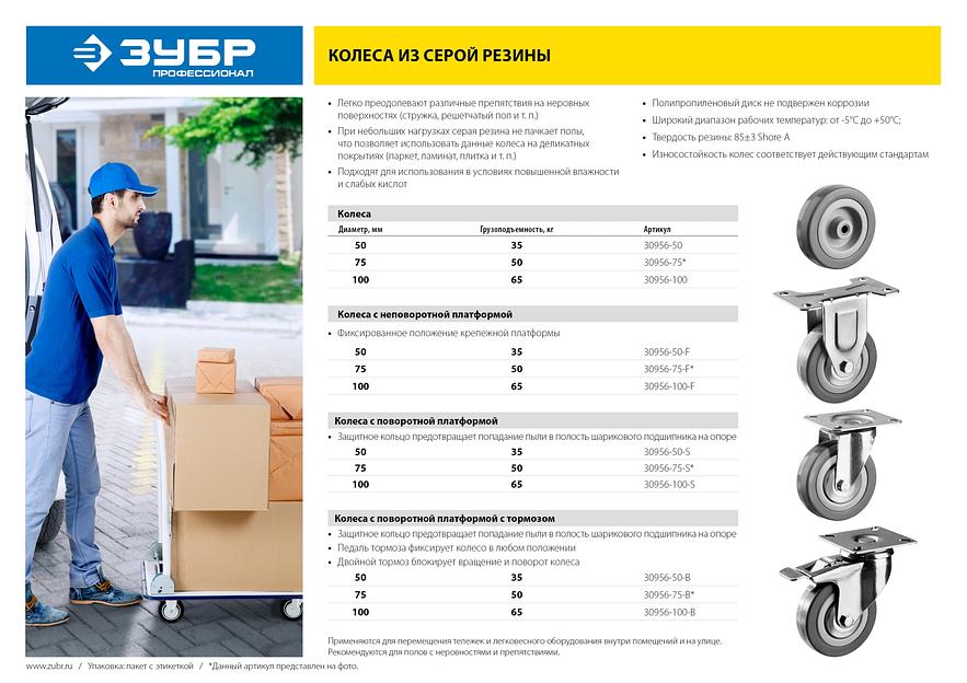 ЗУБР d 100 мм, г/п 65 кг, резина/полипропилен, неповоротное колесо (30956-100-F) фото 4
