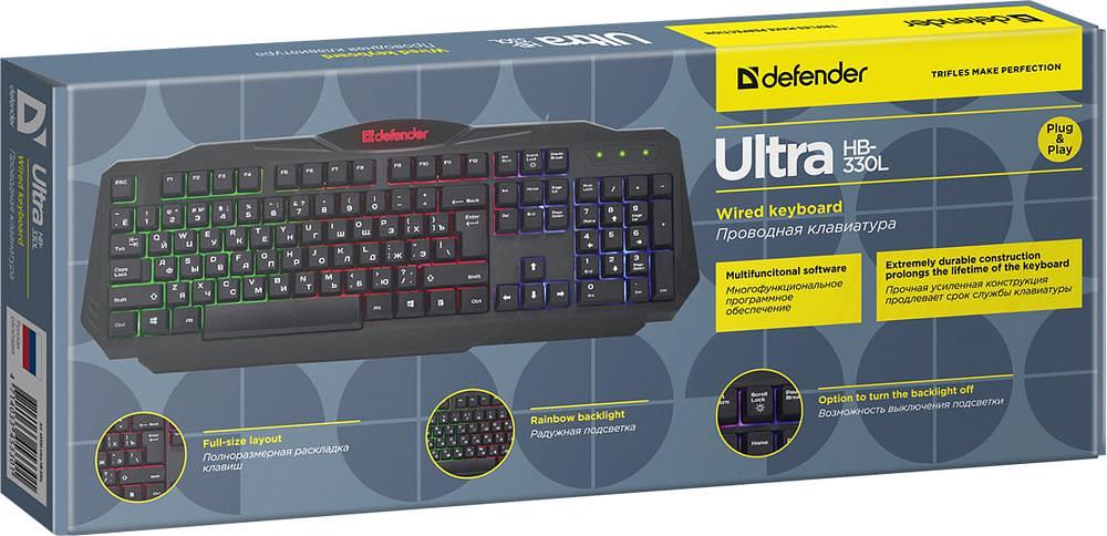 Клавиатура Defender Ultra HB-330L черный USB LED (подставка для запястий) фото 1