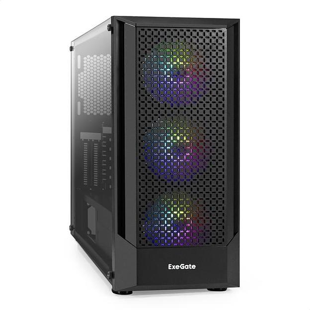 Exegate EX295765RUS Корпус Miditower ExeGate EVO-8227 (ATX, без БП, 2*USB+1*USB3.0+HD Audio, черный, 3 вент. с RGB подсветкой, боковая панель - закаленное стекло) фото 1