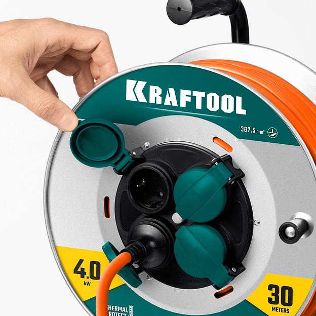 KRAFTOOL EXPERT 4.0, ПВС 3х2.5 30м 4000Вт IP44, силовой удлинитель на стальной катушке (55089-30) фото 6