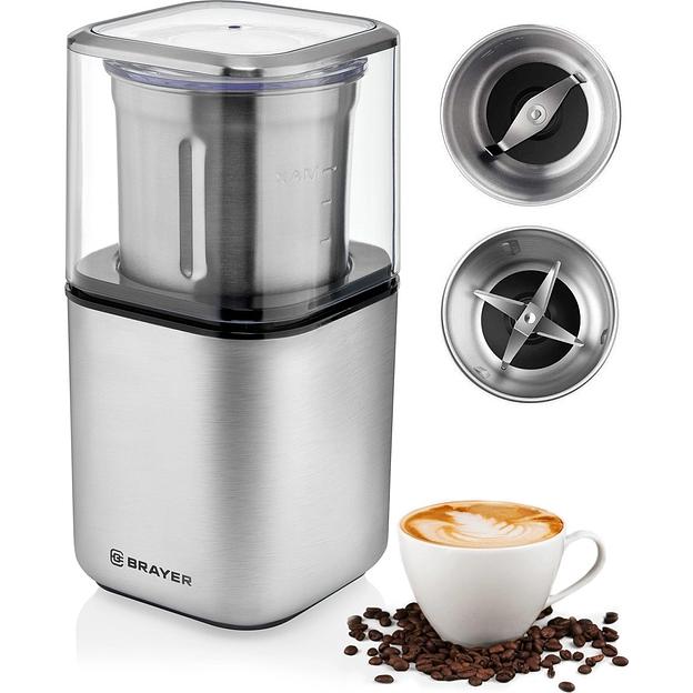 BRAYER 1180BR Кофемолка, 2 ножа для мяг. и твер., 70 г., 200 Вт, нерж. корп фото 1