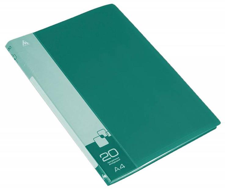Папка с 20 прозр.вклад. Бюрократ -BPV20GRN A4 пластик 0.6мм торц.карм с бум. встав зеленый фото 1
