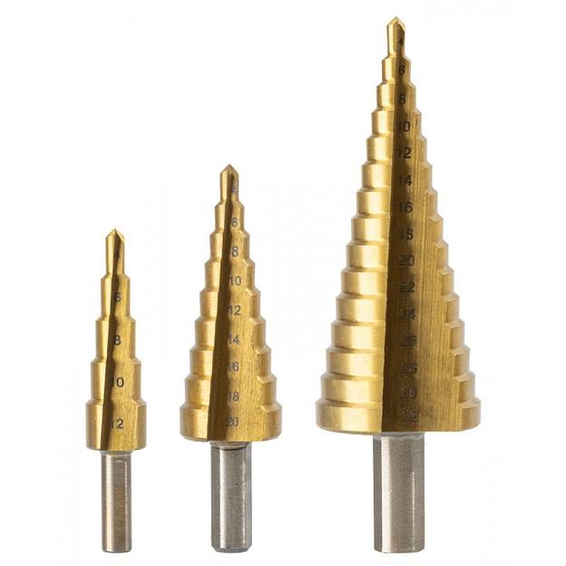 Набор сверл ступенчатых по металлу (3 шт) Deli DH-JTZ0003-ED1 (4-12мм, 4-20мм, 4-32мм, HSS 4241, цилиндрический хвостовик, прямая канавка) фото 1