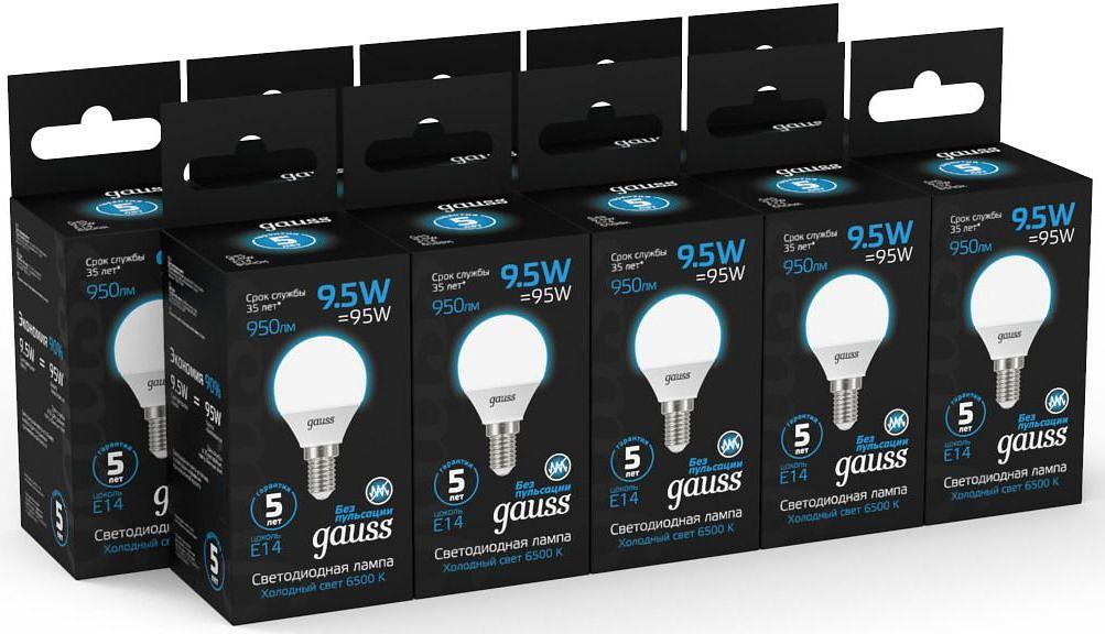 Лампа светодиодная Gauss 105101310 9.5Вт цок.:E14 шар 220B 6500K св.свеч.бел.хол. (упак.:10шт) фото 5
