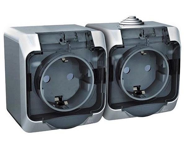 Systeme electric PA16-244C ЭТЮД IP44 O/У двойная РОЗЕТКА с заземлением со шторками 16А 250B, СЕРЫЙ, Россия фото 2
