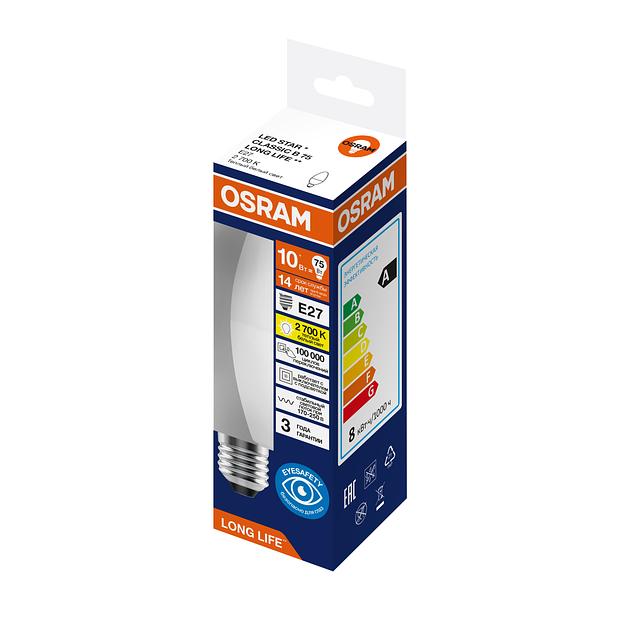 Лампа светодиодная 10Вт 806Лм 2700К Е27 свеча 170-250В OSRAM LONG LIFE фото 1