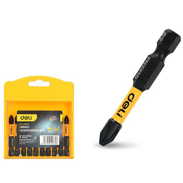 Набор торсионных бит для ударных шуруповертов 10шт Deli DL251050 PH2*50мм, сталь S2, пласт.кейс фото 1