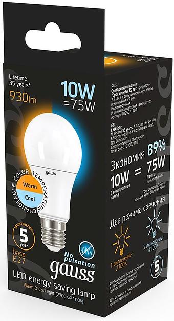 Лампа светодиодная Gauss A60 10Вт цок.:E27 груша 220B 2700K св.свеч.бел.теп. (упак.:1шт) (102502110-T) фото 4