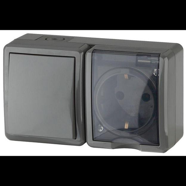 Эра Б0020734 11-7401-03 Блок розетка+выключатель IP54, 16АХ(10AX)-250В, ОУ, Эра Эксперт, серый фото 1