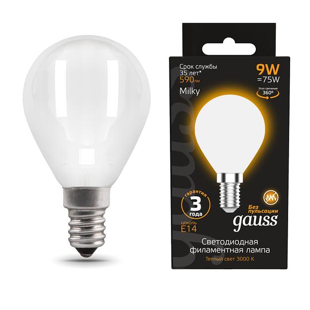 Лампа светодиодная Gauss Filament 105201109 9Вт цок.:E14 шар 220B 3000K св.свеч.бел.теп. (упак.:10шт) фото 2