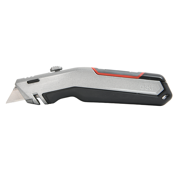 Строительный складной нож с Т-образным лезвием Deli DL411 в комплекте 3 запасных лезвия SK2, рукоятка из цинкового сплава с резиновыми вставками фото 1