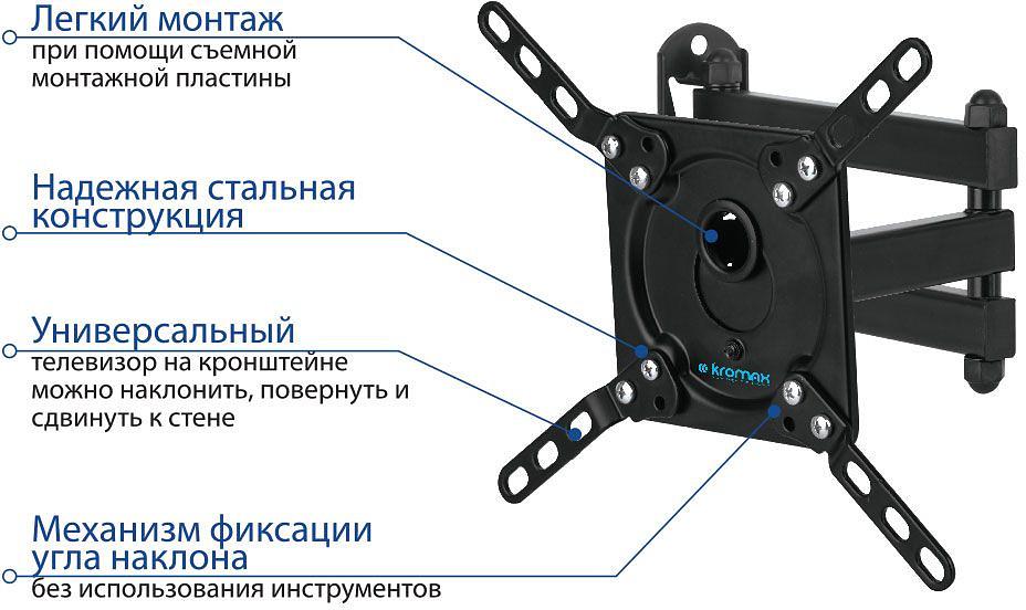 Кронштейн для телевизора Kromax DIX-14 черный 15"-42" макс.20кг настенный поворотно-выдвижной и наклонный фото 5