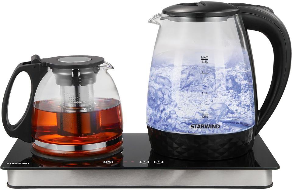 Чайник электрический Starwind SKG4044 1.8л. 1800Вт черный/серебристый корпус: стекло фото 1